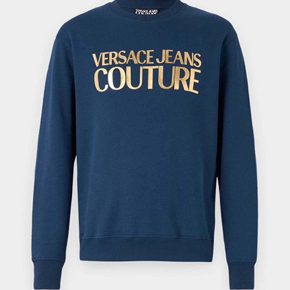 Versace Jeans Couture Ocean Blue Gold Metallic Foil Logo Sweatshirt Size Small